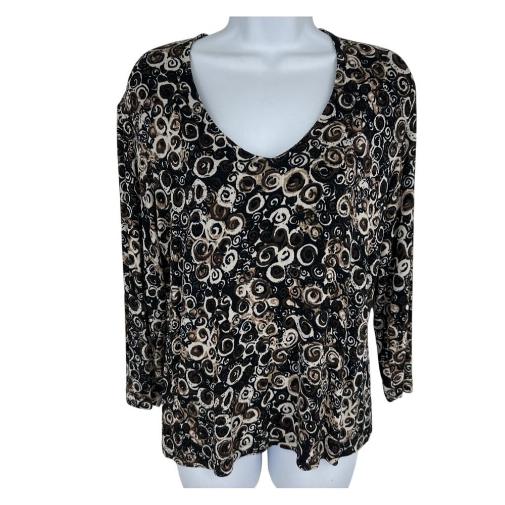 Chicos Travelers Black & Brown Swirl Print Long Sleeve V-Neck Top Size 1 US M